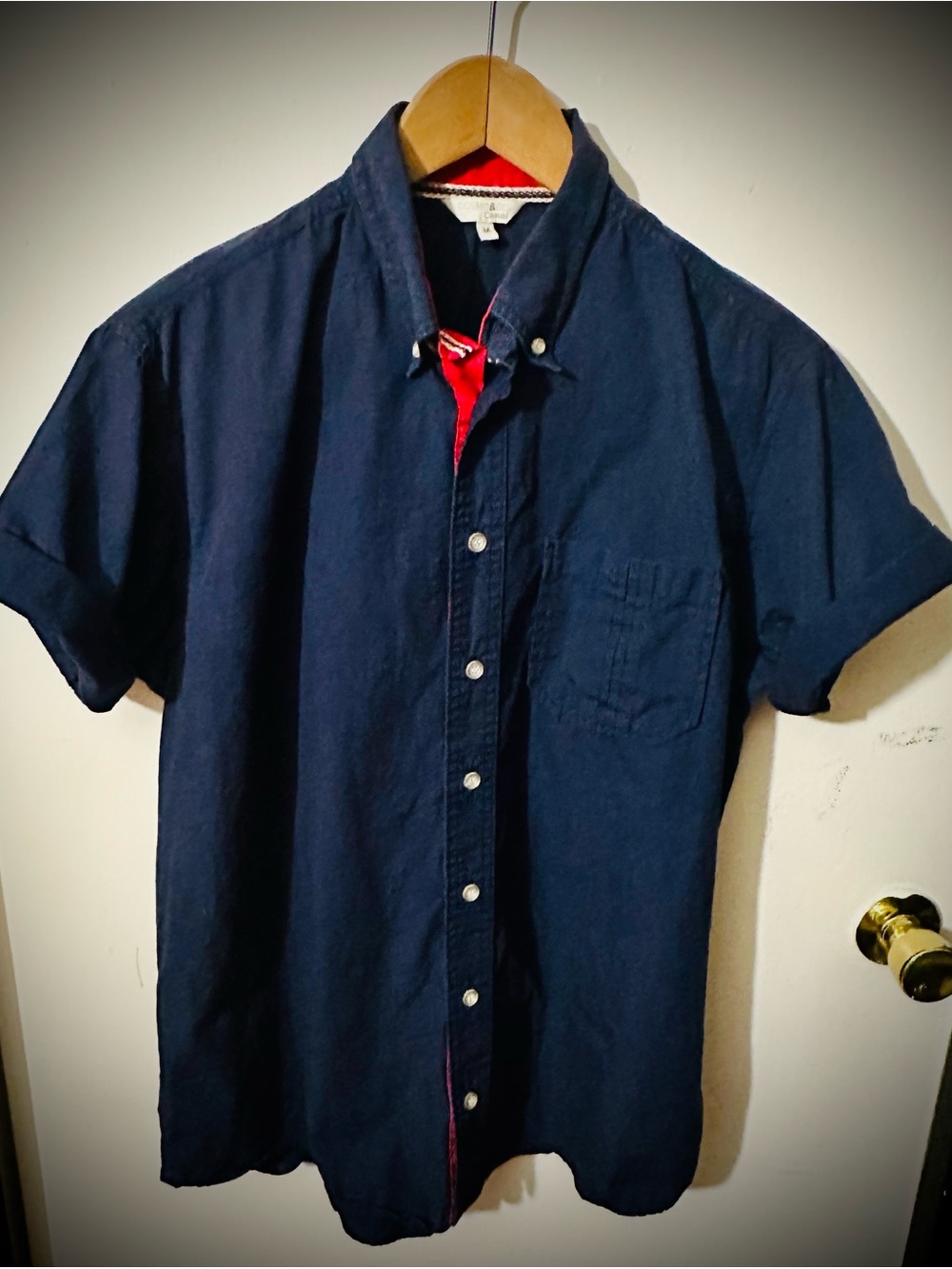 Men's Navy Short-Sleeve Button-Down Shirt with Contrast Placket